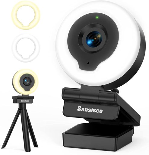 Sansisco Webカメラ ウェブカメラ 1080P フルHD オートフォーカス LEDライト付き 2色切り替え Sansisco 明るさ三段階調整 ノイズ低減マイク内蔵 200万画素 30FPS 三脚付き